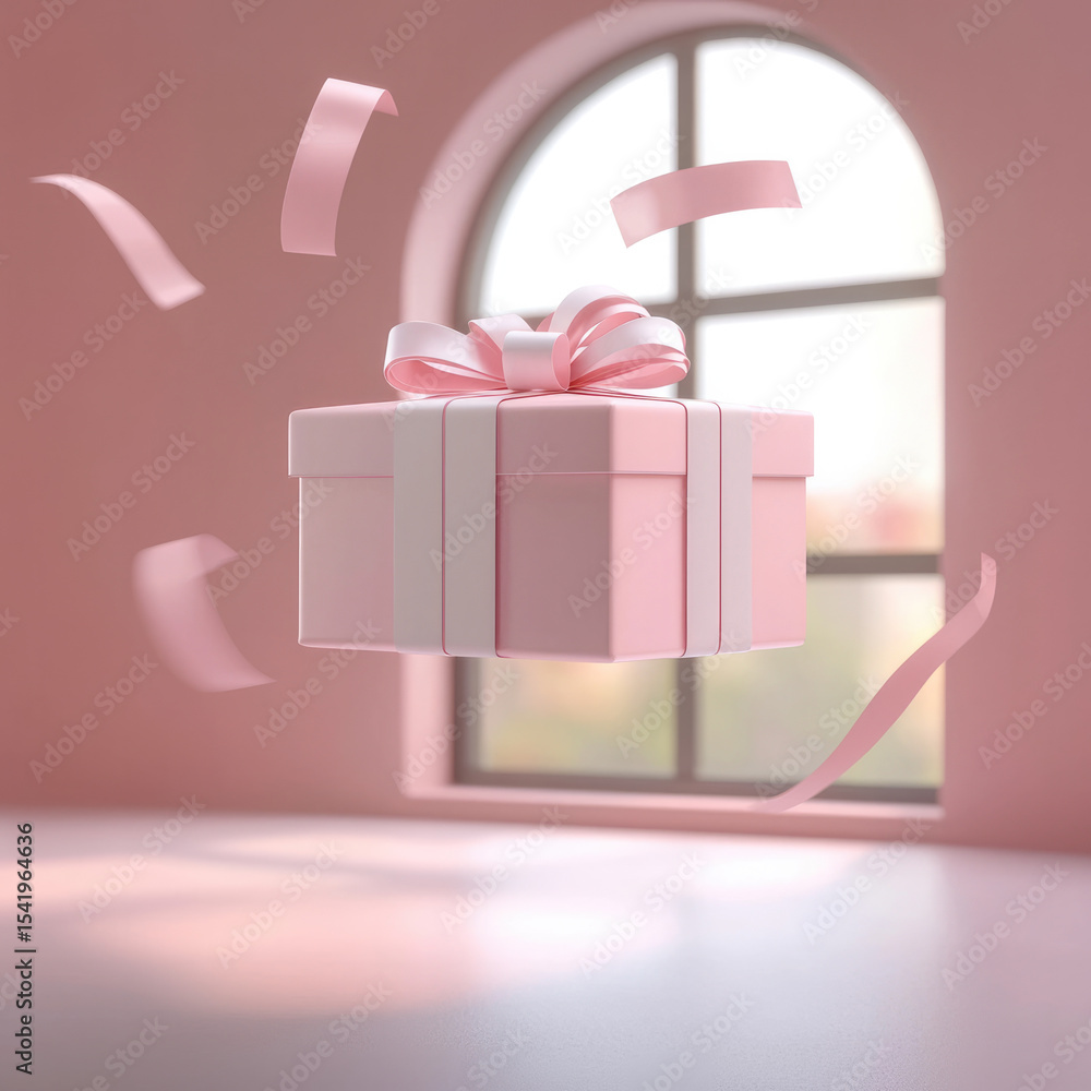 Poster Pink gift box with ribbon floating in soft light near arched window, creating dreamy and joyful atmosphere