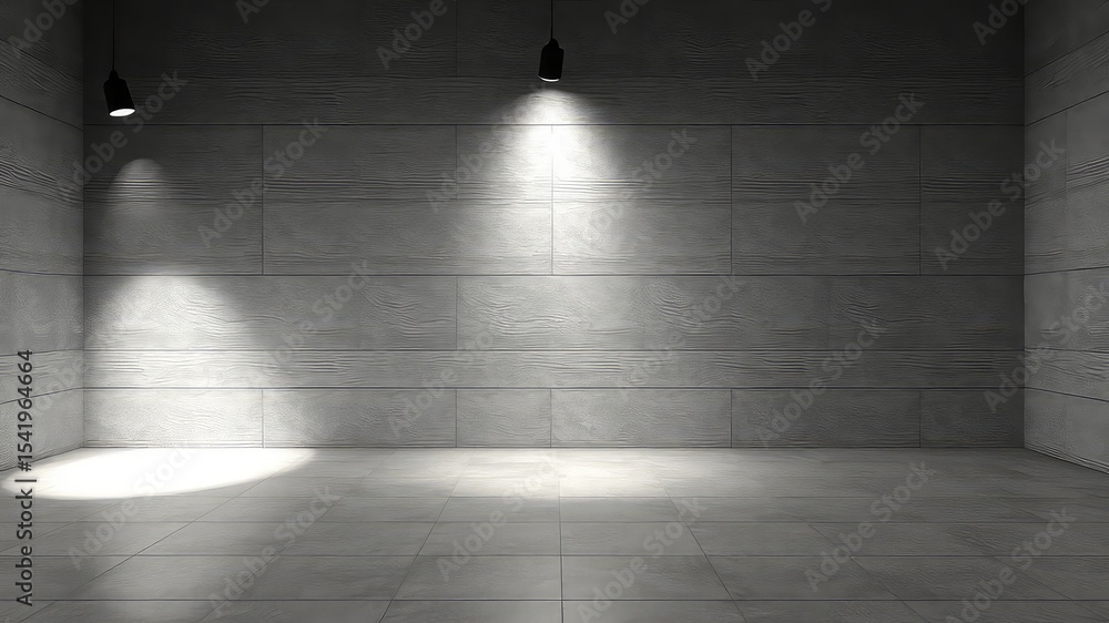 Poster sleek, minimalist architecture depicts spotlights illuminating a grey textured wall and tiled floor 