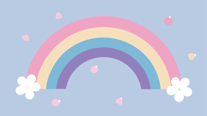 Cute pastel rainbow with flowers and falling petals on transparent background