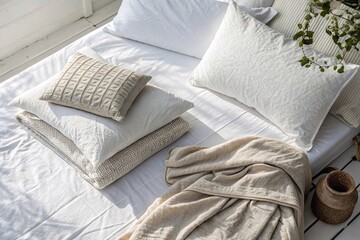 Cozy neutral bedding with textured pillows and blanket
Minimalist bed with cream and beige textured pillows and soft knitted blanket in natural light, evoking comfort and Scandinavian interior style.

