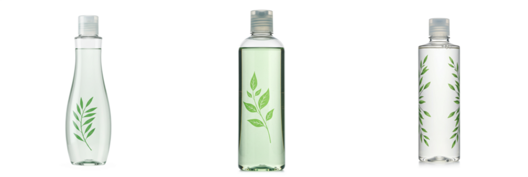 Set of transparent cosmetic bottles with green leaf design and liquid inside, copy space
