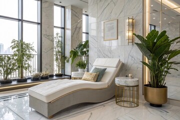 Luxury spa relaxation lounge with city view
Elegant spa interior featuring a white lounger, marble walls, lush plants, and large windows overlooking a modern urban skyline.
