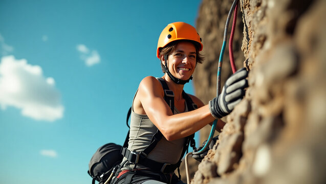 Climber secures harness on summer rock, blue sky