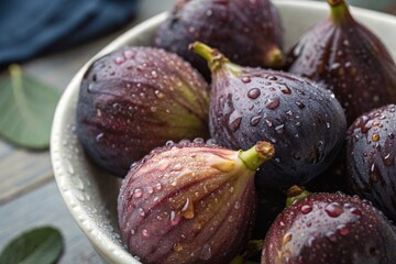 Fresh wet figs in metal bowl close-up
Close-up of ripe figs covered in water droplets, sitting in a metal bowl, capturing freshness and natural texture of the fruit.
