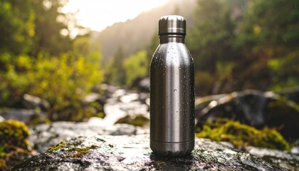 Metal water bottle on a mossy rock by a mountain stream