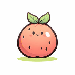 A cartoon peach with a cute face two leaves on top and black spots stands on green