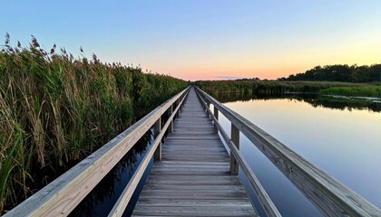 Wooden Boardwalk Over Marsh At Sunset
