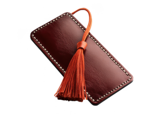 Brown leather bookmark with orange tassel isolated on transparent background