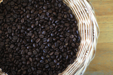 Roasted Coffee Bean Harvest: A full basket of freshly roasted coffee beans, each a dark treasure, overflows, promising the rich aroma and satisfying taste of the world's favorite beverage.