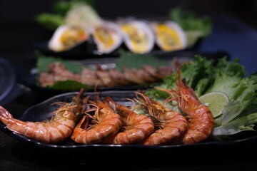 Close up of fresh mediterranean seafood on ice. High quality photo