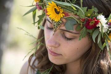 Young woman wearing flower crown outdoors
Peaceful young woman with closed eyes wearing a vibrant floral crown made of wildflowers and greenery in natural light.
