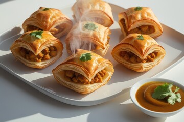 Golden baked chicken curry puffs served on a white platter with a side of flavorful curry sauce a delightful culinary presentation