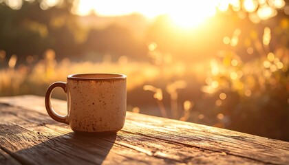 Obraz premium Rustic mug of coffee at sunrise