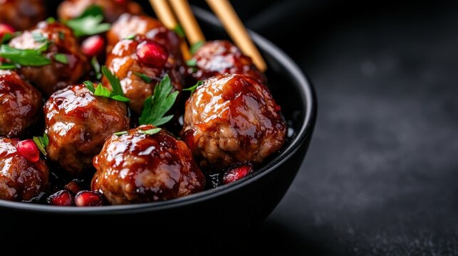 Delicious meatballs drizzled with a glossy sauce and garnished with pomegranate seeds and parsley create an enticing culinary masterpiece for any meal setting.