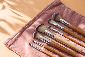 Makeup brush set on soft velvet fabric
A collection of natural wood-handle makeup brushes neatly arranged on pink velvet fabric, ideal for beauty, skincare, or cosmetic branding.
