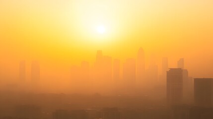 Fototapeta premium Skyline obscured by thick smog and urban air pollution under golden backlight