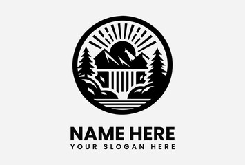 Monochromatic mountain landscape logo featuring a sun, trees, and waterfall, encircled within a bold circular frame.