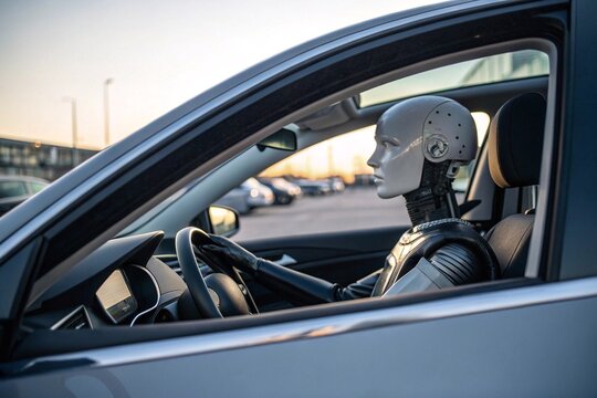 Humanoid robot driving autonomous car concept
A realistic humanoid robot sitting in the driver’s seat of a modern car, symbolizing artificial intelligence and self-driving technology.