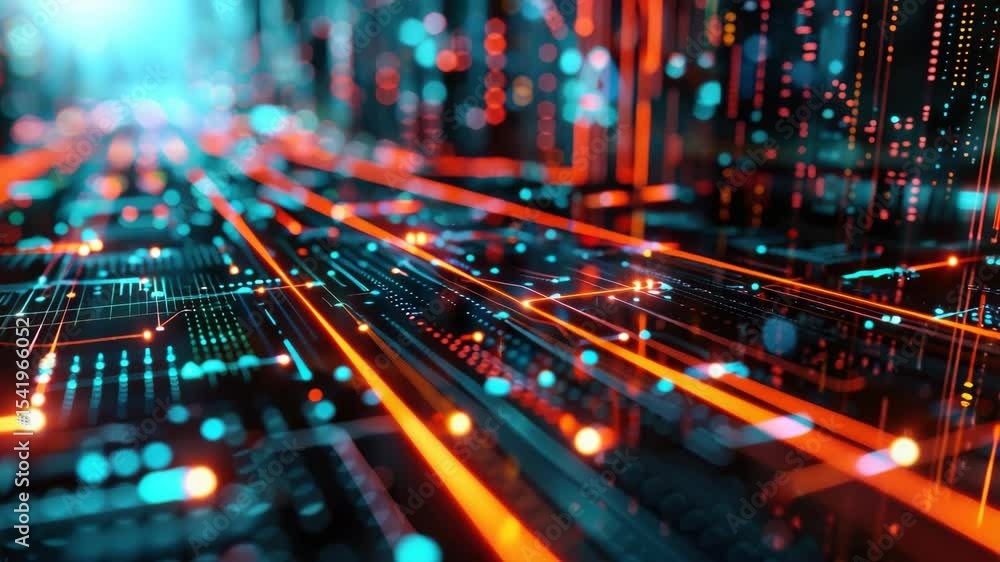 Poster digital circuit board with red and blue light paths.