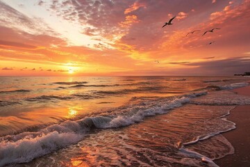 Tranquil ocean sunset with glowing reflections
Peaceful beach scene at sunset with golden light reflecting on calm waves and soft clouds, evoking calm, romance, and serenity.
