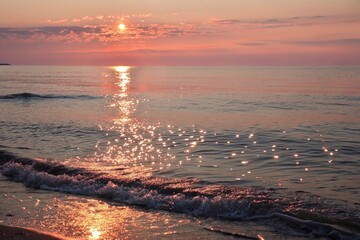 Tranquil ocean sunset with glowing reflections
Peaceful beach scene at sunset with golden light reflecting on calm waves and soft clouds, evoking calm, romance, and serenity.
