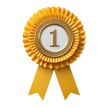 Gold first place award rosette with yellow ribbon isolated on white background