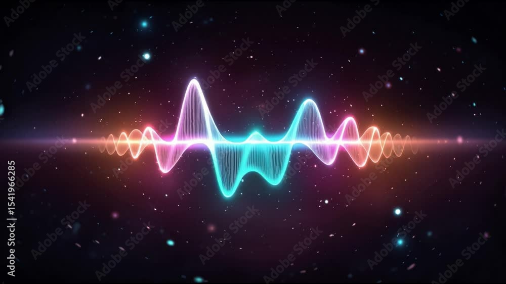 Poster glowing multicolored soundwave pulsating in neon hues against dark starry background creating futuri