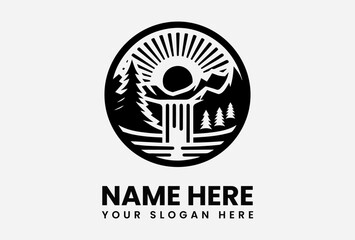 Monochrome logo depicting a stylized sun, mountains, forest, and waterfall, symbolizing nature's serenity.