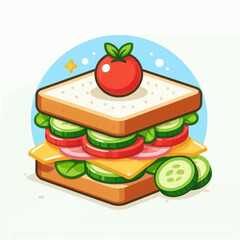 A cartoon sandwich layered with cheese vegetables and tomato against a blue backdrop