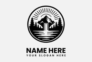 Monochrome mountain landscape logo featuring a waterfall, lake, pine trees, and sunburst.