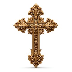 Ornate gold cross religious symbol isolated on white background