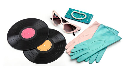 1950s-inspired accessories including vinyl records, cat-eye sunglasses, gloves, and a pearl bracelet. Perfect for vintage fashion editorials, retro lifestyle blogs, nostalgic design, and music-themed 