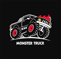 Fototapeta premium A monster truck with flames, child T-shirt graphic design vector illustration 