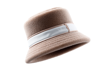 Soft beige bucket hat with white ribbon band on transparent background