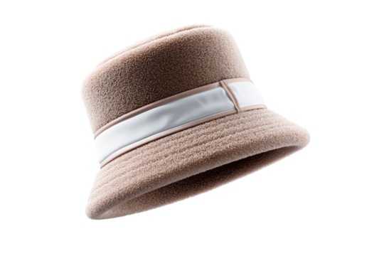 Soft beige bucket hat with white ribbon band on transparent background