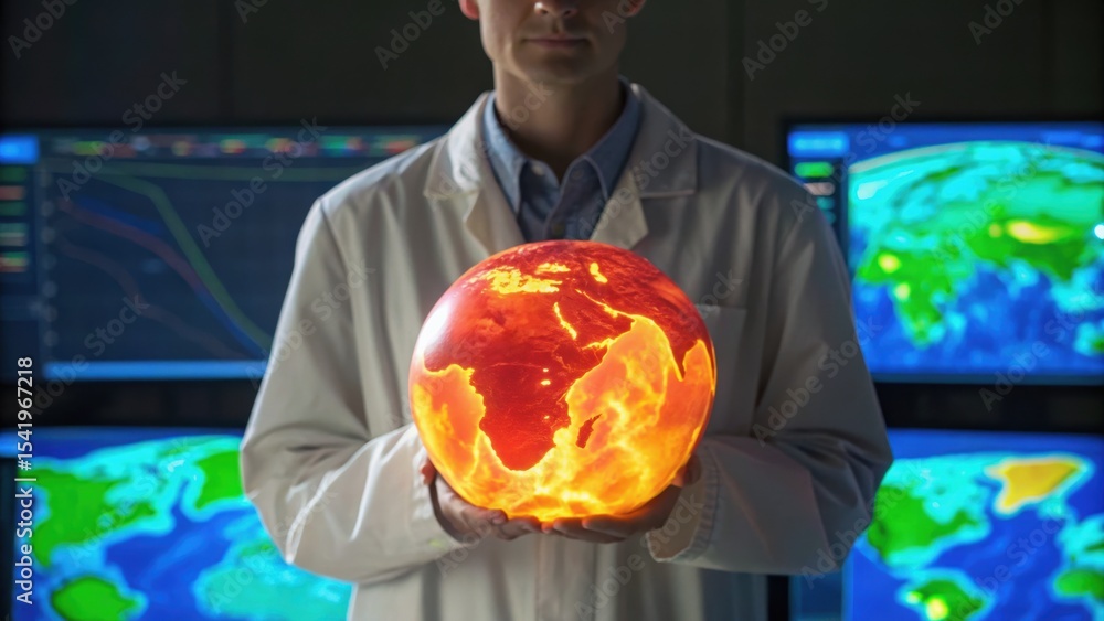 Poster a scientist holds a glowing globe representing earth, surrounded by digital screens displaying globa