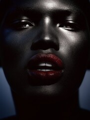 close-up portrait of a woman's face, filling frame, direct gaze, slight low angle. Abyssal black skin