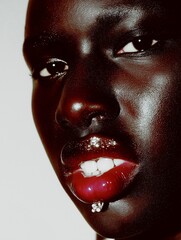 close-up portrait of a woman's face, filling frame, direct gaze, slight low angle. Abyssal black skin
