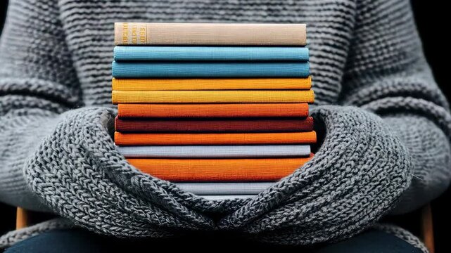 Cozy hands holding a colorful stack of books with a knitted sweater background