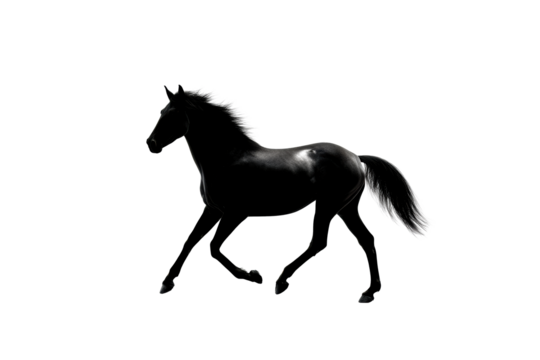 Majestic black horse trotting gracefully against a clear backdrop