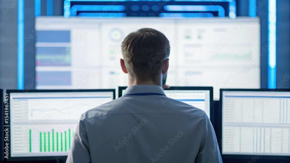 Poster a person analyzes data on multiple screens in a modern, high-tech environment, showcasing technology