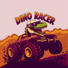 Monster truck with dino face t-shirt graphic design vector illustration 
