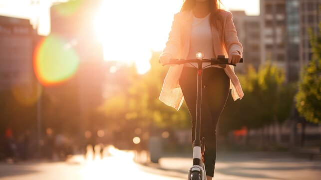 Young woman riding electric scooter in eco-friendly lifestyle under soft warm sunlight