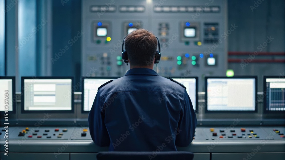 Poster a person in a control room monitors equipment via multiple screens, focusing on operations in a high
