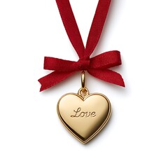 Fototapeta premium Gold heart pendant with red ribbon bow isolated on white background