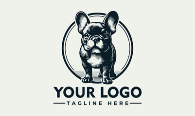 A detailed illustration of a French Bulldog standing inside a circular emblem, with text below.