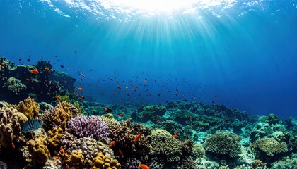 Fototapeta premium Vibrant Underwater Coral Reef Scene With Sunlight