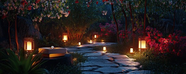 Obraz premium A quiet and romantic proposal in a luxurious garden at night, where lanterns illuminate a stone path leading to an open ring box surrounded by fragrant blossoms. 