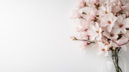 A stunning arrangement of soft pink magnolia blossoms in a clear vase, capturing the essence of springtime elegance and natural beauty in a minimalistic style.