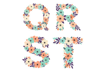 Floral letter Q, R, S, T decoration with colorful flowers and leaves on transparent background